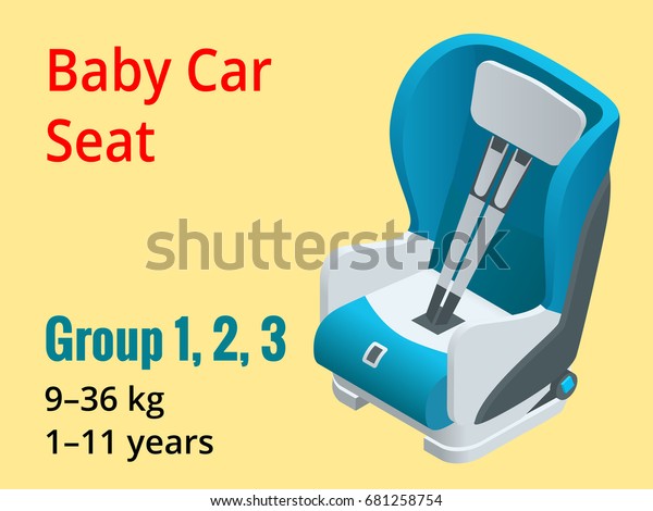 Isometric baby car seat group 1,2,3\
vector illustration. Road Safety Type of child restraint\
rearward-facing baby seat, forward-facing child seat, booster\
cushion
