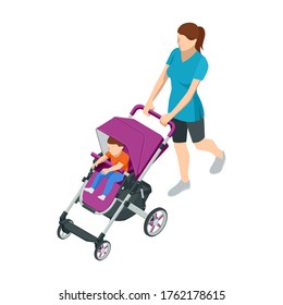 Isometric baby carriage isolated on a white background. Kids transport. Strollers for baby boys or baby girls. Woman with baby stroller walks. Theme of motherhood and fatherhood