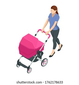 Isometric baby carriage isolated on a white background. Kids transport. Strollers for baby boys or baby girls. Woman with baby stroller walks. Theme of motherhood and fatherhood