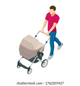 Isometric baby carriage isolated on a white background. Kids transport. Strollers for baby boys or baby girls. Man with baby stroller walks. Theme of motherhood and fatherhood