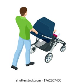 Isometric baby carriage isolated on a white background. Kids transport. Strollers for baby boys or baby girls. Man with baby stroller walks. Theme of motherhood and fatherhood