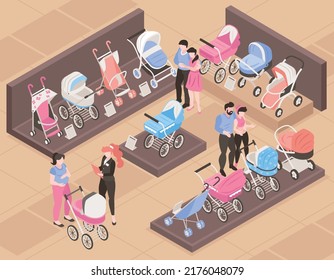 Isometric baby carriage store concept with parents choosing strollers vector illustration