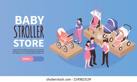 Isometric Baby Carriage Store With Parents Choosing Stroller Horizontal Banner Vector Illustration