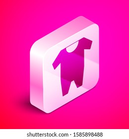 Isometric Baby clothes icon isolated on pink background. Baby clothing for baby girl and boy. Baby bodysuit. Silver square button. Vector Illustration