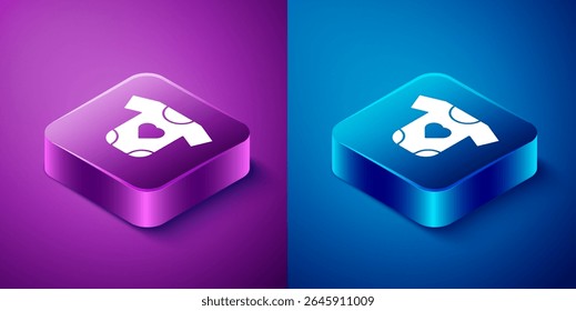 Isometric Baby clothes icon isolated on blue and purple background. Baby clothing for baby girl and boy. Baby bodysuit. Square button. Vector