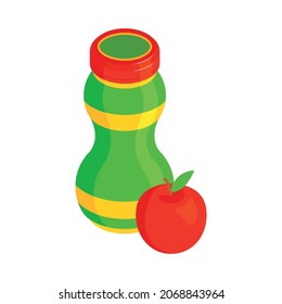 Isometric Baby Food Composition With Isolated Image Of Apple And Plastic Bottle Of Apple Sauce Vector Illustration