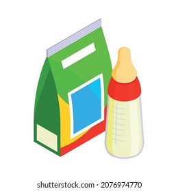 Isometric baby food composition with isolated powder formula pack and bottle with dummy vector illustration