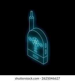 Isometric baby monitor with blue neon light on black background, childcare and parenting concept