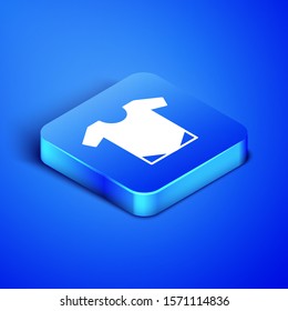 Isometric Baby onesie icon isolated on blue background. Baby clothes symbol. Kid wear sign. Blue square button. Vector Illustration