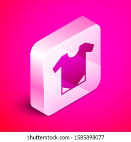 Isometric Baby onesie icon isolated on pink background. Baby clothes symbol. Kid wear sign. Silver square button. Vector Illustration