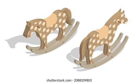 Isometric baby rocking horse. Wooden toy for children in kindergarten. Realistic 3D vector isolated on white background