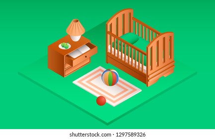 Isometric baby room banner. Illustration of isometric baby room vector banner for web design