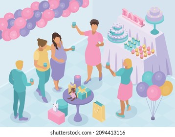 Isometric baby shower party composition with pregnant woman group of friends with drinks balloons and sweets vector illustration