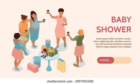 Isometric baby shower party horizontal banner with editable text more button and friends of pregnant woman vector illustration