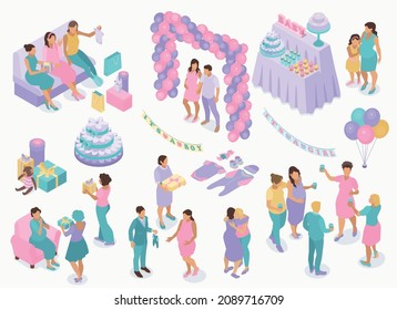 Isometric baby shower party set with isolated human characters of parents pregnant friends with cakes balloons vector illustration