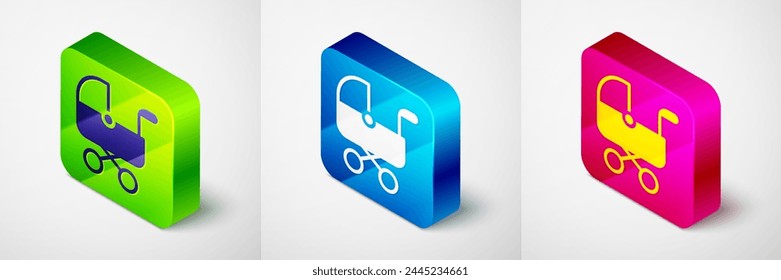 Isometric Baby stroller icon isolated on grey background. Baby carriage, buggy, pram, stroller, wheel. Square button. Vector