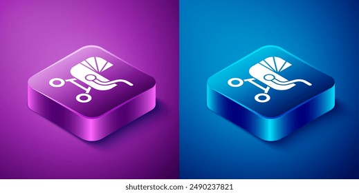 Isometric Baby stroller icon isolated on blue and purple background. Baby carriage, buggy, pram, stroller, wheel. Square button. Vector