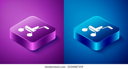 Isometric Baby stroller icon isolated on blue and purple background. Baby carriage, buggy, pram, stroller, wheel. Square button. Vector