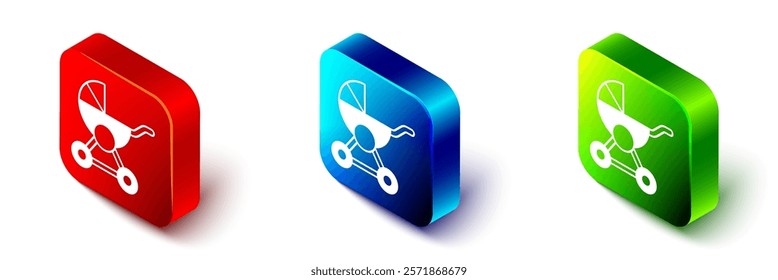 Isometric Baby stroller icon isolated on white background. Baby carriage, buggy, pram, stroller, wheel. Red, blue and green square button. Vector