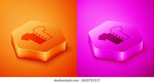 Isometric Baby t-shirt icon isolated on orange and pink background. Baby clothes symbol. Kid wear sign. Hexagon button. Vector