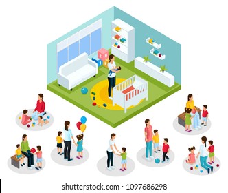 Isometric babysitter and kids concept of nanny playing walking with children and putting baby to sleep isolated vector illustration