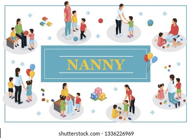 Isometric Babysitter And Kids Concept With Nanny And Children In Different Situations Vector Illustration