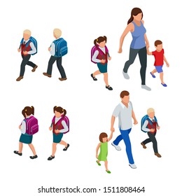 Isometric Back to School. Parents with their children schoolchildren.