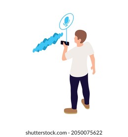 Isometric back view of character using voice assistant on smartphone vector illustration