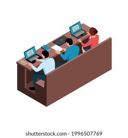 Isometric back view of lecture hall seats with working students 3d vector illustration