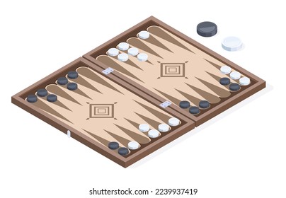Isometric backgammon board game. Leisure table gaming, recreation backgammon game, Turkish, Lebanese, Arabic traditional game 3d vector illustration isolated on white background