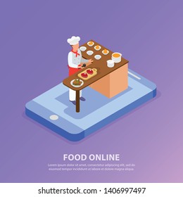 Isometric background with chef cooking italian food and smartphone concept 3d vector illustration