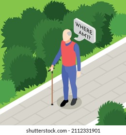 Isometric background with confused old man suffering from dementia symptoms outdoors 3d vector illustration