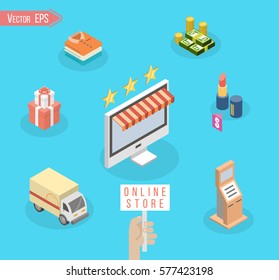 Isometric background E-commerce. Business concept. Set icons for web and mobile phone services and apps. Icons for mobile marketing and online shopping