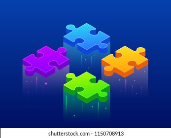 Isometric Background Four Piece Puzzle. Simple 4 Piece Puzzle. Can Use For Web Banner, Infographics, Collaboration And Teamwork Images.