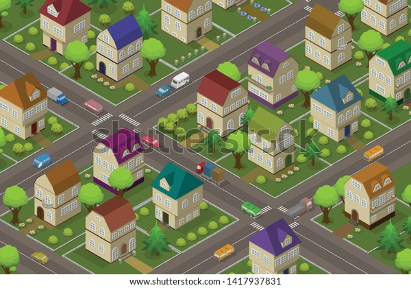 Isometric background with houses,\
cars, roads and trees. Illustration of the urban landscape.\
Vector