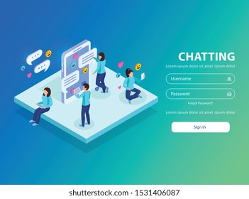 Isometric background with human characters emoticons messaging bubbles and authorization form with username password and text vector illustration