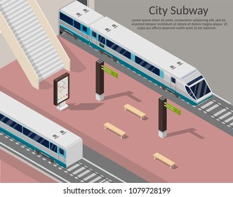Isometric background low poly Subway station platform set with train, underground and inside the railway, metro wagon.