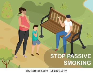 Isometric background with man smoking on bench in park and pregnant woman and child going by 3d vector illustration