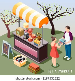 Isometric background with people and different objects at outdoor flea market 3d vector illustration