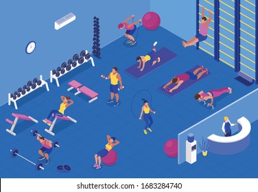 Isometric background with people doing cardio and weight training with fitness equipment at gym 3d vector illustration