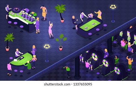 Isometric Background With People Playing Roulette Poker Craps In Casino 3d Vector Illustration