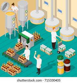 Isometric background with process of beer production in brewery 3d vector illustration