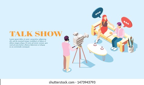 Isometric background with talk show host guest and operator in studio 3d vector illustration