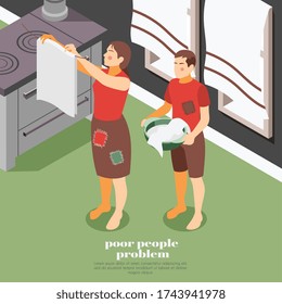 Fondo isométrico con dos pobres colgando nuestra lavandería 3d ilustración vectorial