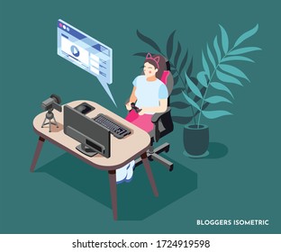Isometric background with woman blogger recording video with joystick in hands 3d vector illustration