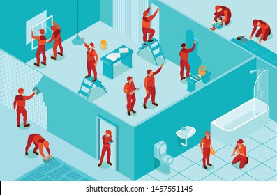Isometric background with workers from home repair service painting walls laying flooring installing windows plumbing 3d vector illustration