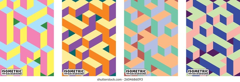 Isometric Backgrounds Vector Set. Colorful Abstract Geometric Patterns.