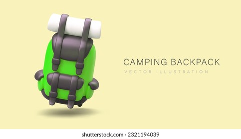 Isometric backpack for camping, hiking. Tourist green sports bag with pockets. Modern rucksack with sleeping mat. Advertising banner on yellow background