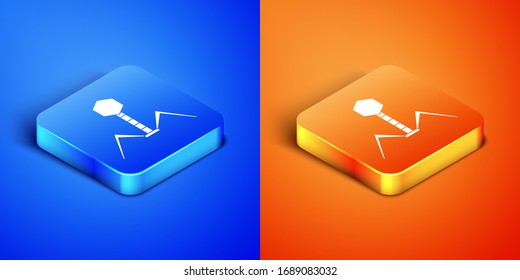 Isometric Bacteria bacteriophage icon isolated on blue and orange background. Bacterial infection sign. Microscopic germ cause diseases concept. Square button. Vector Illustration