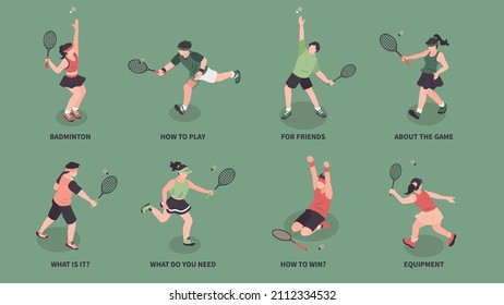 Isometric badminton set of isolated compositions with characters of players in sportswear holding rackets with text vector illustration